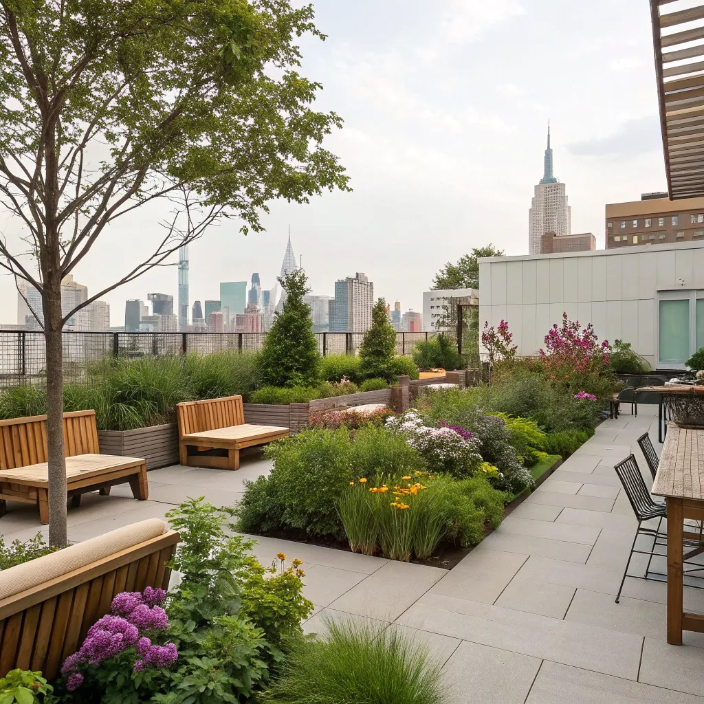 Beautifully designed rooftop garden with diverse plant life